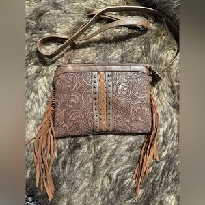 Brown Embossed Leather Fringe Crossbody Bag